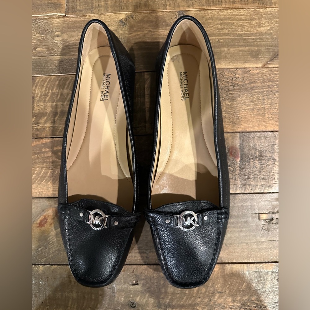 MICHAEL Michael Kors Black Leather Flats with Metal Detail